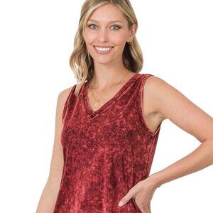 Mineral Wash Sleeveless V-Neck Top With Side Slit